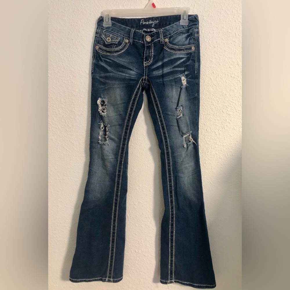 Amethyst Jeans Distressed Dark Blue Flare Jeans